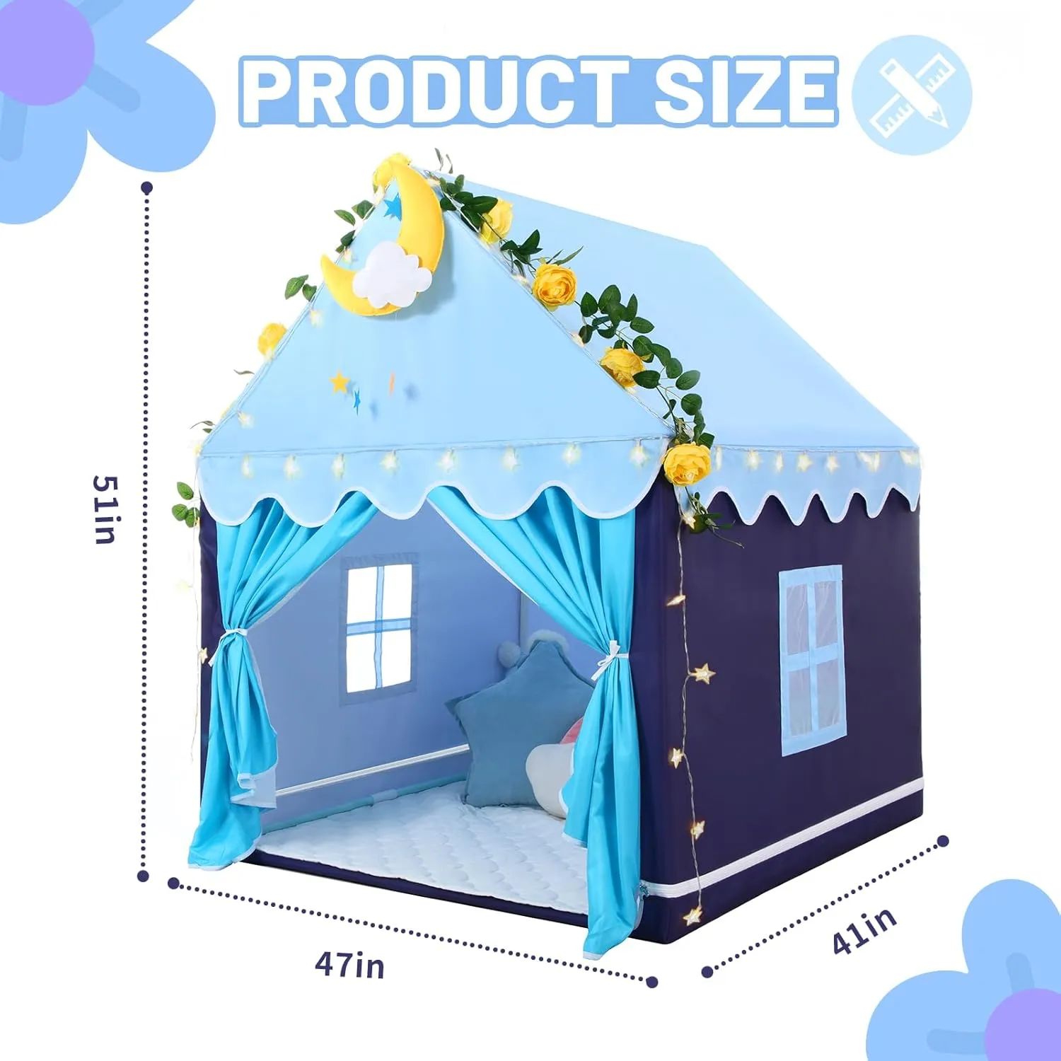Indoor Playhouse - Mesolithic adobe Princess Tent for Girls Toy House Gift (Blue with Cloth) Wilwolfer Kid Tent with Mat, Star Lights - Kids Play Tents for Toddlers Kids Tents 