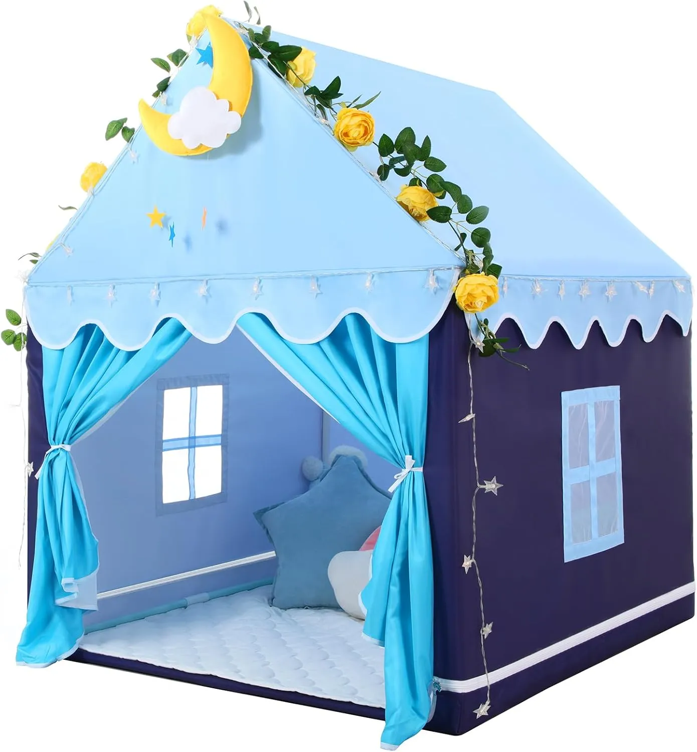 Indoor Playhouse - Mesolithic adobe Princess Tent for Girls Toy House Gift (Blue with Cloth) Wilwolfer Kid Tent with Mat, Star Lights - Kids Play Tents for Toddlers Kids Tents 