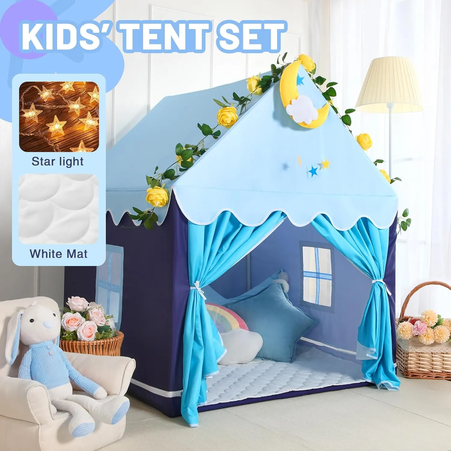 Indoor Playhouse - Mesolithic adobe Princess Tent for Girls Toy House Gift (Blue with Cloth) Wilwolfer Kid Tent with Mat, Star Lights - Kids Play Tents for Toddlers Kids Tents 