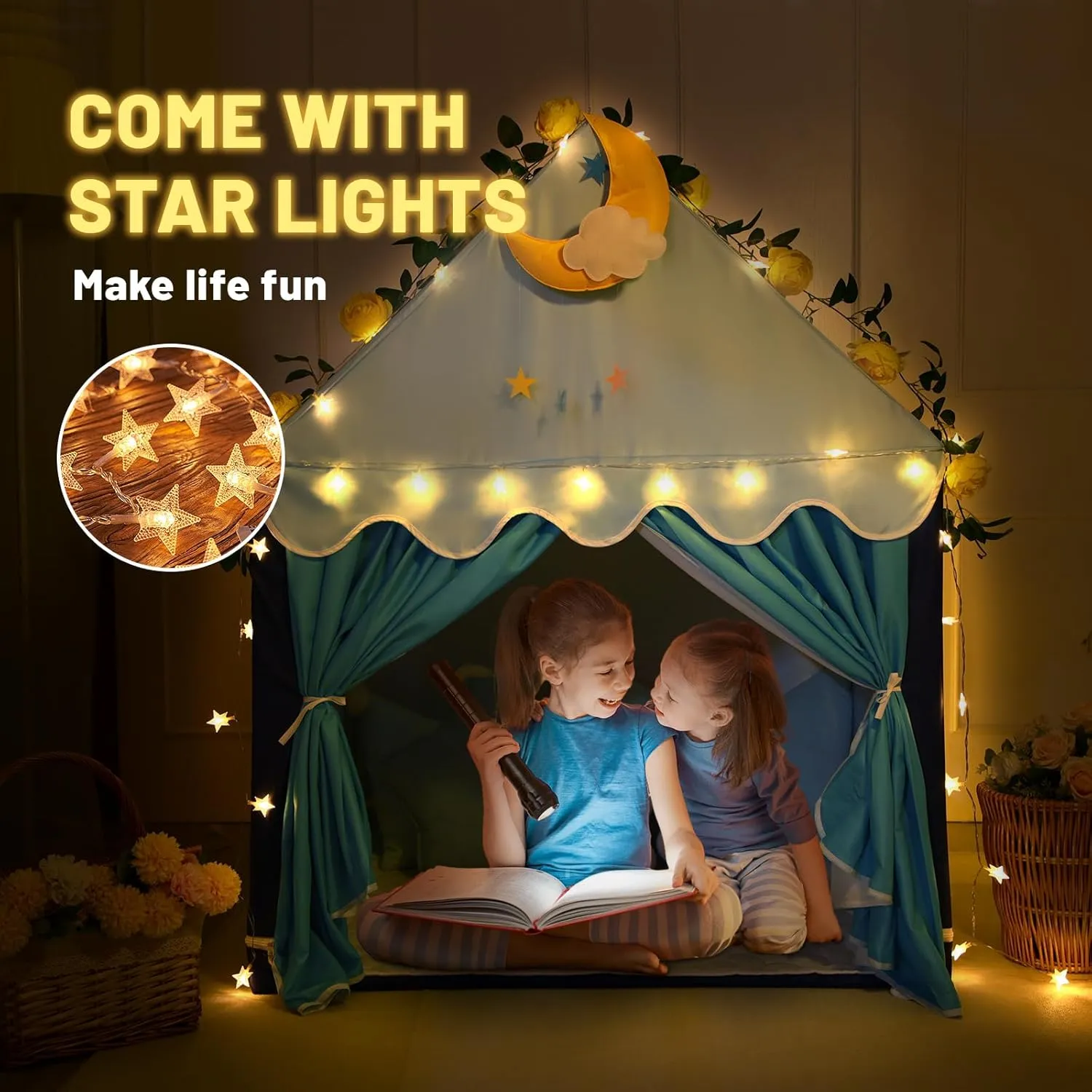 Indoor Playhouse - Mesolithic adobe Princess Tent for Girls Toy House Gift (Blue with Cloth) Wilwolfer Kid Tent with Mat, Star Lights - Kids Play Tents for Toddlers Kids Tents 
