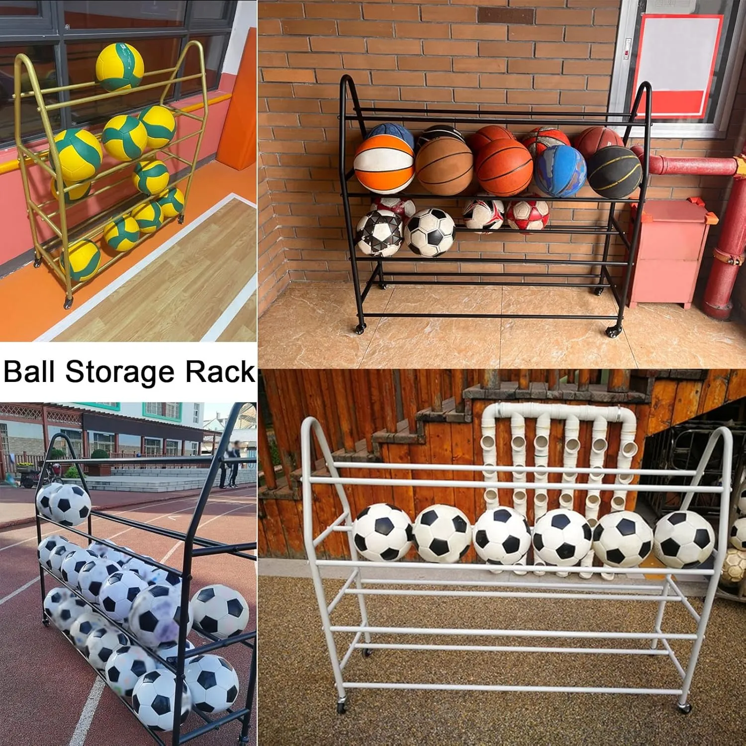 Indoor spar Outdoor Sports Rack Ball Storage for Basketballs Footballs Volleyball (Black L 97cm(3 Sports Equipment Storage 4 Tier Rolling Basketball Cart with Lockable Wheels, 