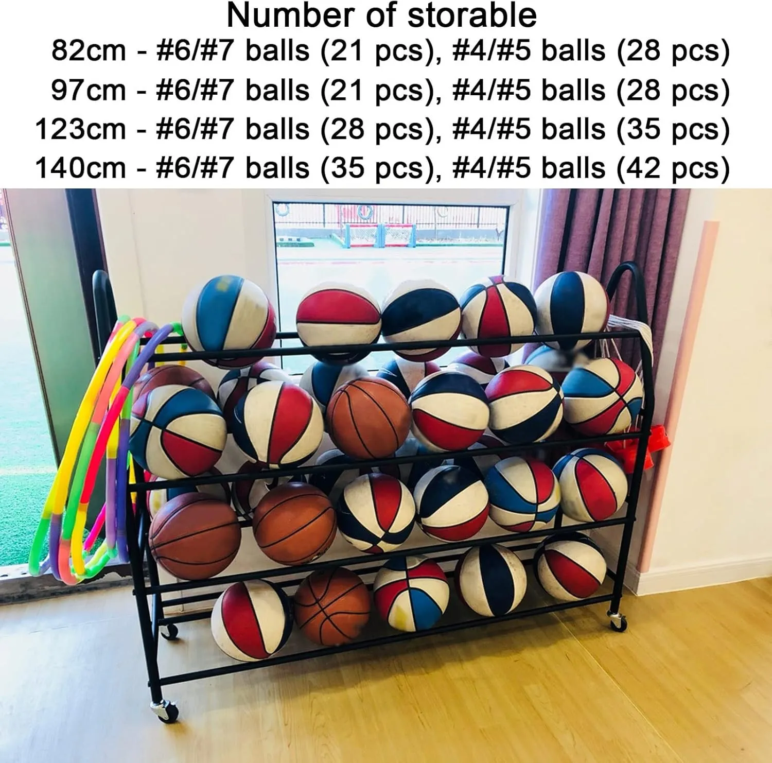 Indoor spar Outdoor Sports Rack Ball Storage for Basketballs Footballs Volleyball (Black L 97cm(3 Sports Equipment Storage 4 Tier Rolling Basketball Cart with Lockable Wheels, 