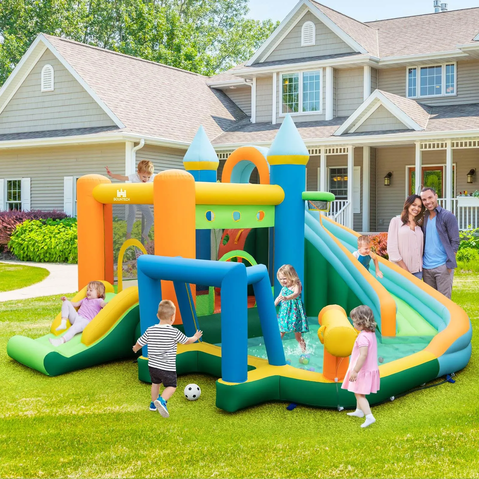 Inflatable Water Slide, Blowup Water Park w/Dual Slides, Splash Pool, Climbing Wall (Without Blower)