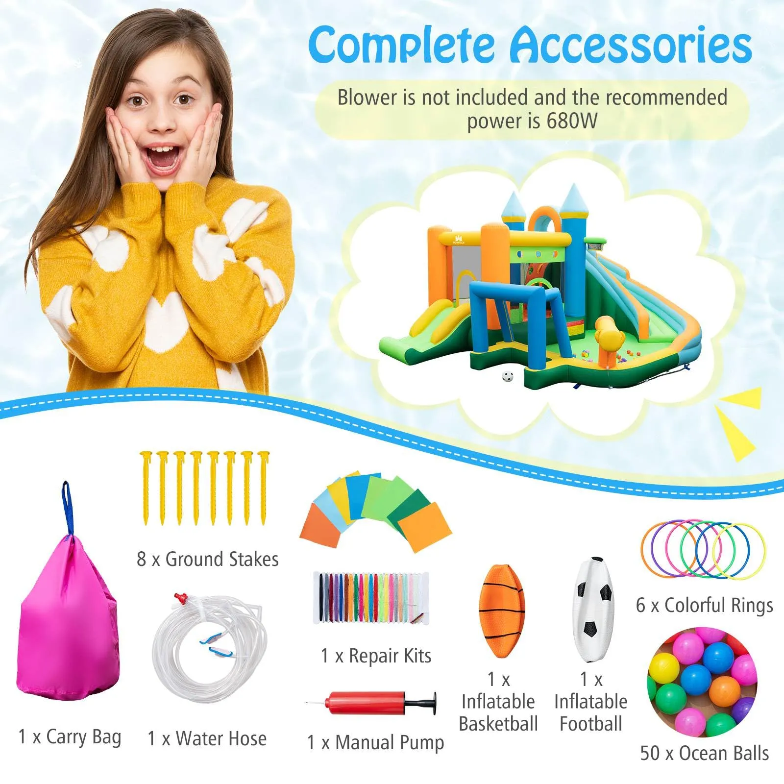 Inflatable Water Slide, Blowup Water Park w/Dual Slides, Splash Pool, Climbing Wall (Without Blower)