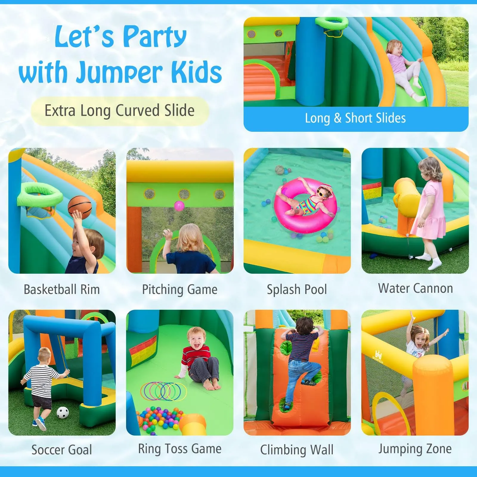 Inflatable Water Slide, Blowup Water Park w/Dual Slides, Splash Pool, Climbing Wall (Without Blower)