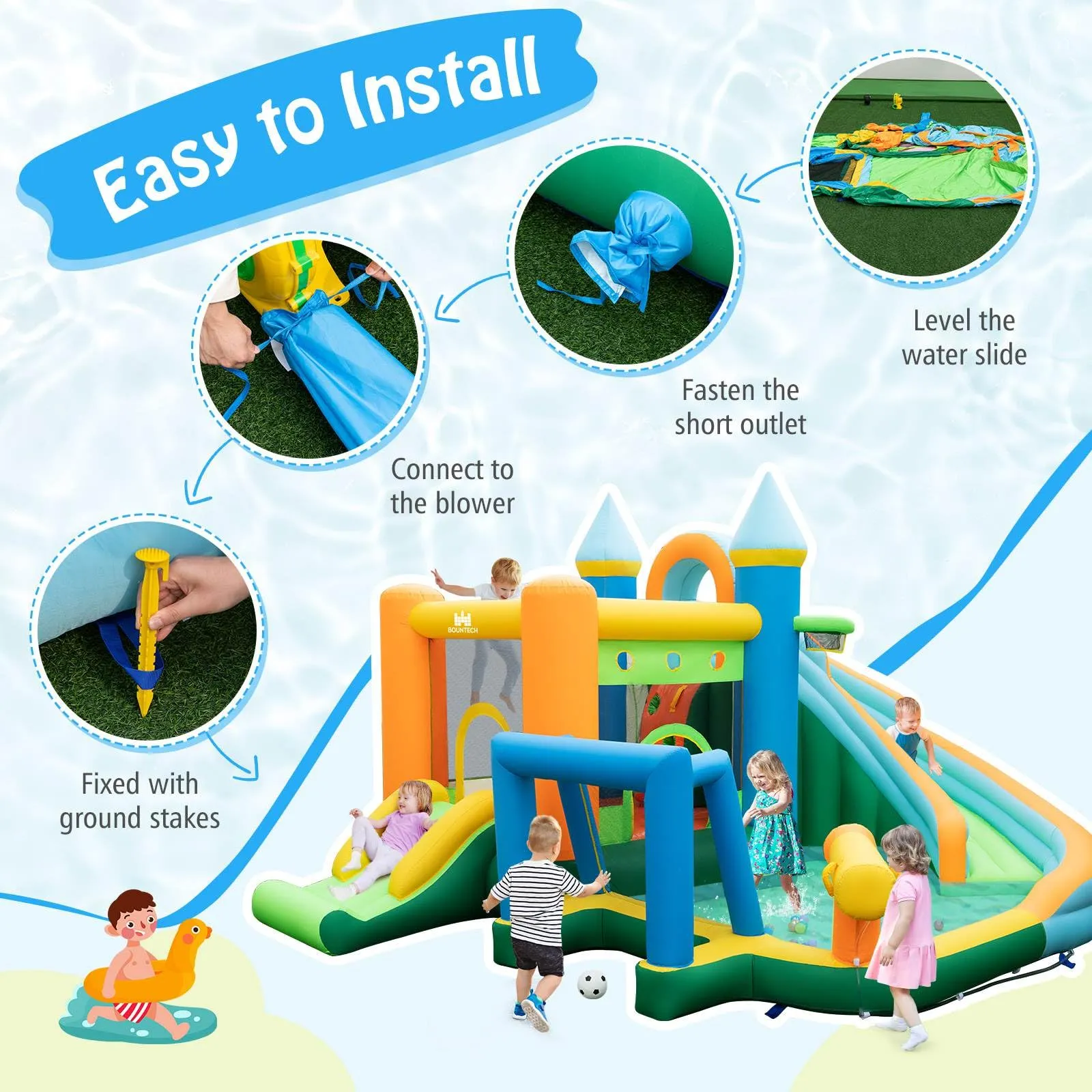 Inflatable Water Slide, Blowup Water Park w/Dual Slides, Splash Pool, Climbing Wall (Without Blower)
