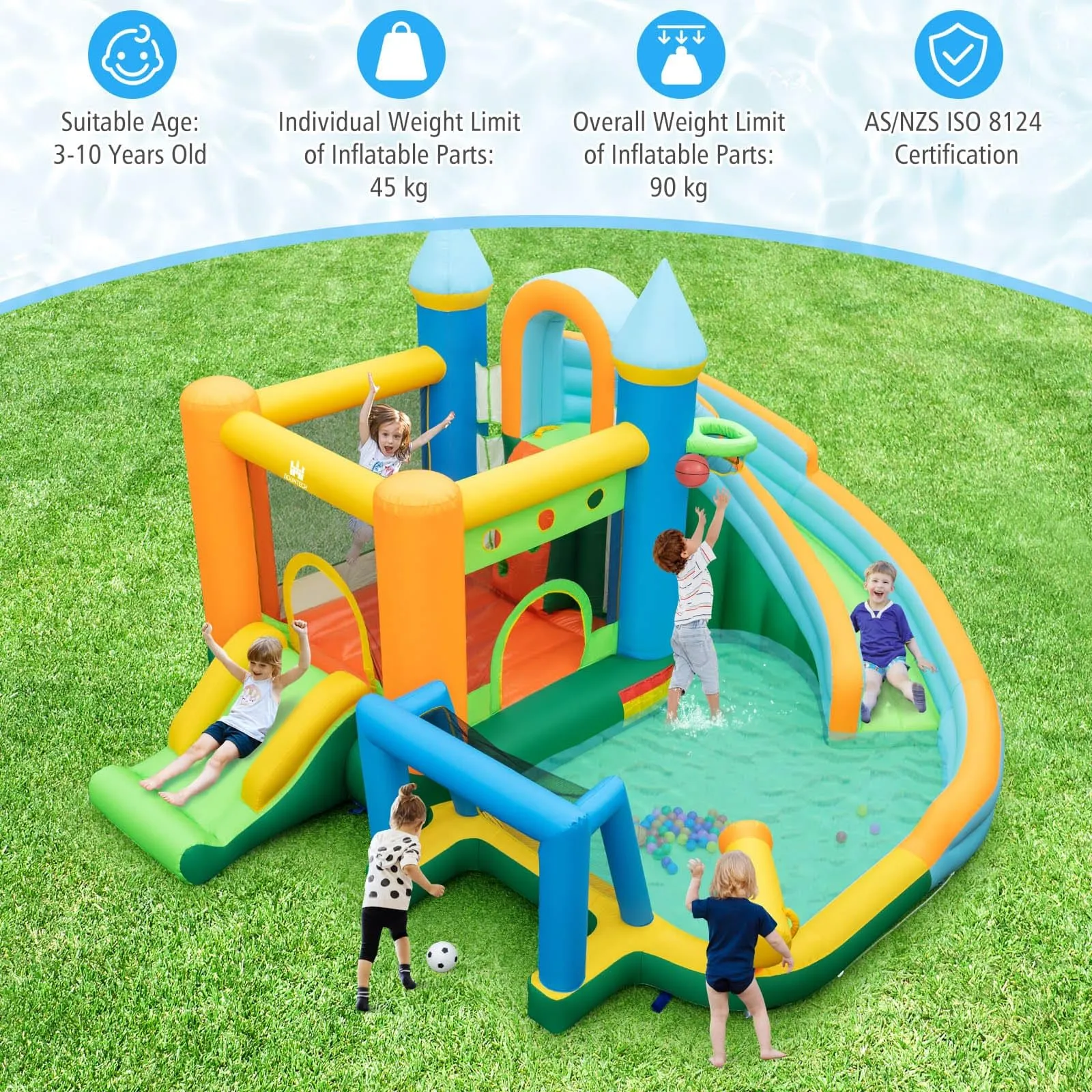 Inflatable Water Slide, Blowup Water Park w/Dual Slides, Splash Pool, Climbing Wall (Without Blower)