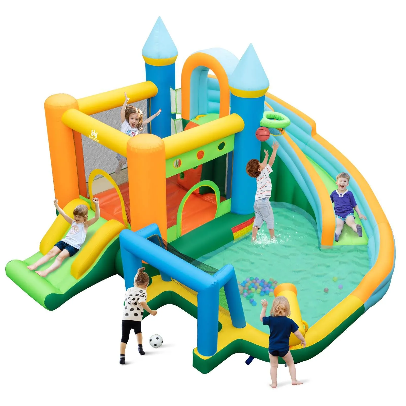 Inflatable Water Slide, Blowup Water Park w/Dual Slides, Splash Pool, Climbing Wall (Without Blower)