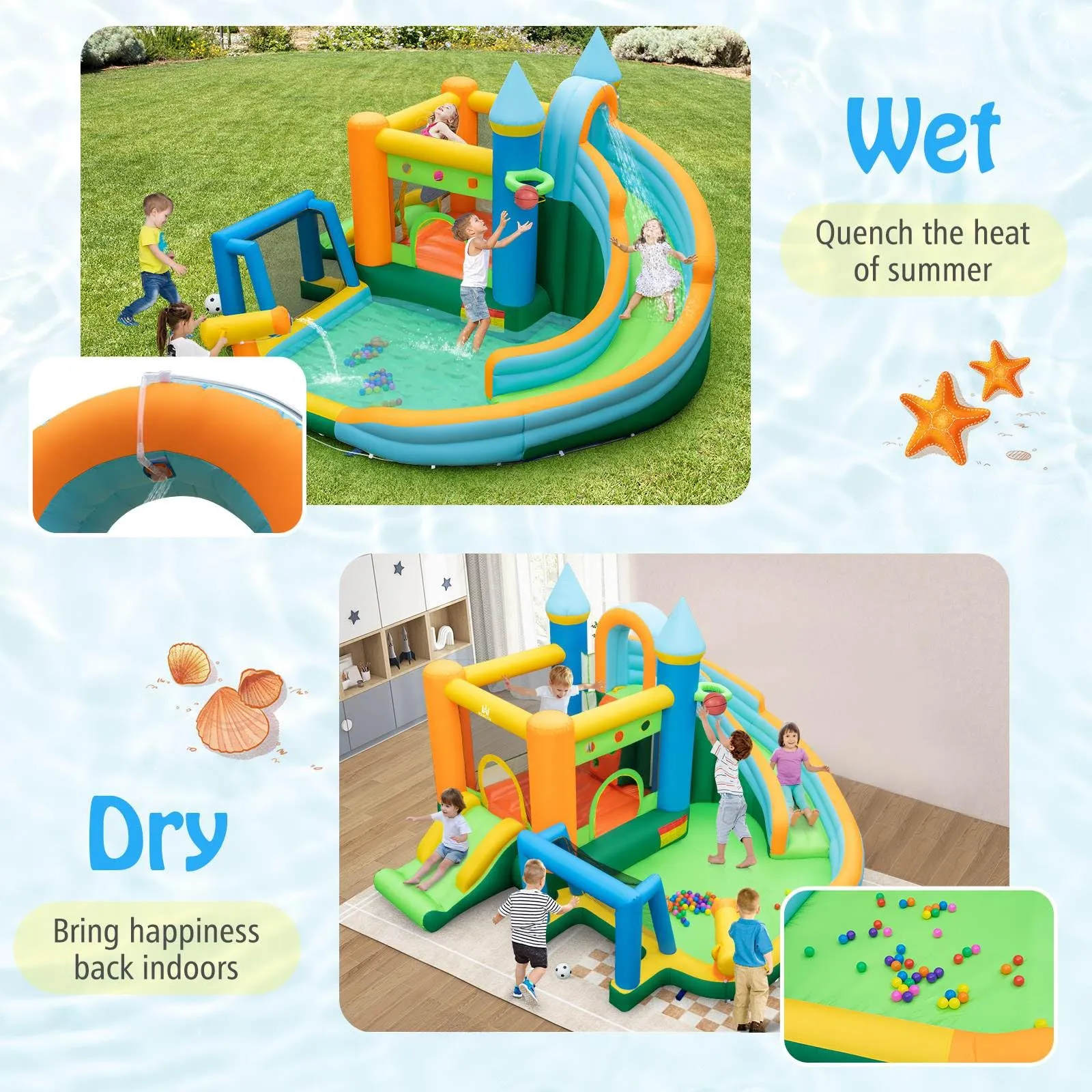 Inflatable Water Slide, Blowup Water Park w/Dual Slides, Splash Pool, Climbing Wall (Without Blower)