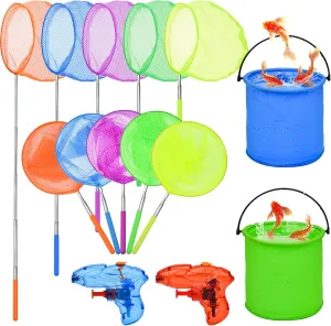 Insect Net Extendable Anti Slip Grip Fishing Nets 14Pack Kids Telescopic Butterfly Nets Foldable Buckets and Kids Water Gun Set Colorful Fishing Bugs village amount yoke Nets Outdoor Tools for Kids Catching 