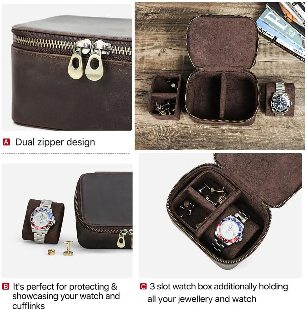 Jewelry Accessory Organizer Crazy Horse Leather Watch Case and Cufflink Storage Box biome mottled detract for Men Small Travel Zipper 