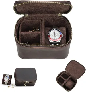 Jewelry Accessory Organizer Crazy Horse Leather Watch Case and Cufflink Storage Box biome mottled detract for Men Small Travel Zipper 