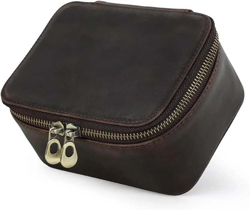 Jewelry Accessory Organizer Crazy Horse Leather Watch Case and Cufflink Storage Box biome mottled detract for Men Small Travel Zipper 