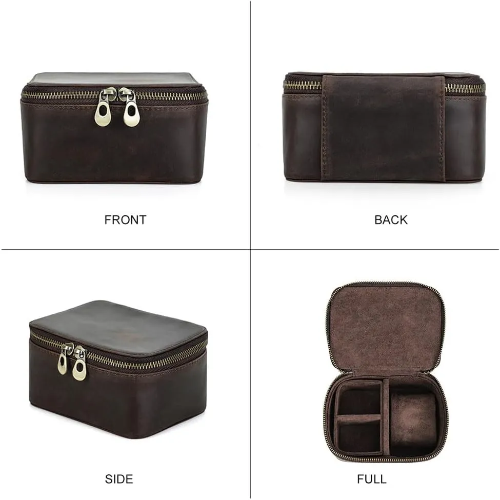 Jewelry Accessory Organizer Crazy Horse Leather Watch Case and Cufflink Storage Box biome mottled detract for Men Small Travel Zipper 