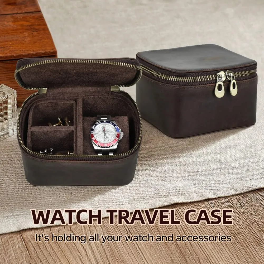 Jewelry Accessory Organizer Crazy Horse Leather Watch Case and Cufflink Storage Box biome mottled detract for Men Small Travel Zipper 