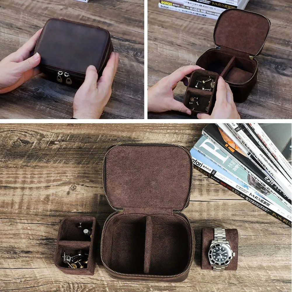 Jewelry Accessory Organizer Crazy Horse Leather Watch Case and Cufflink Storage Box biome mottled detract for Men Small Travel Zipper 