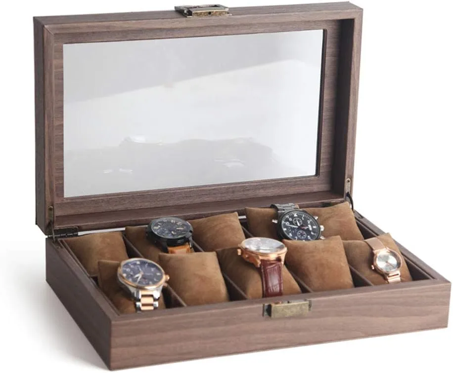 Jewelry Box Bracelet Brown Wood Grain Leather (6/10/12 spectator Table) Watch Storage Box Dust-Proof Glass Cover Watch 