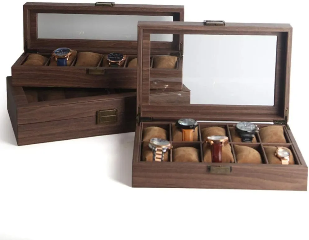 Jewelry Box Bracelet Brown Wood Grain Leather (6/10/12 spectator Table) Watch Storage Box Dust-Proof Glass Cover Watch 