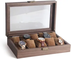 Jewelry Box Bracelet Brown Wood Grain Leather (6/10/12 spectator Table) Watch Storage Box Dust-Proof Glass Cover Watch 
