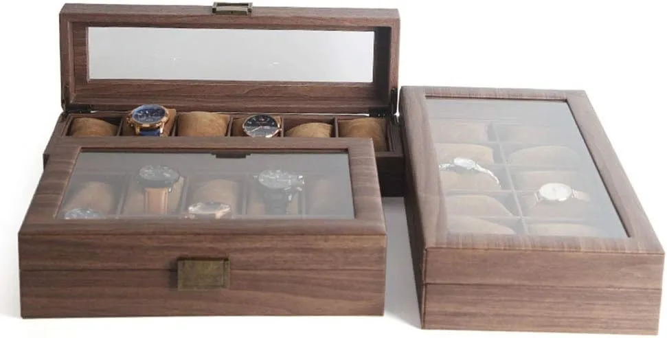 Jewelry Box Bracelet Brown Wood Grain Leather (6/10/12 spectator Table) Watch Storage Box Dust-Proof Glass Cover Watch 