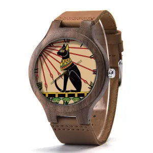 Jewelry P590 Egyptian Cat Wood Leather wound Watch, Ancient Art Wood Watch, Black Cat Watch, Man Size Watch, Egyptian Cat 