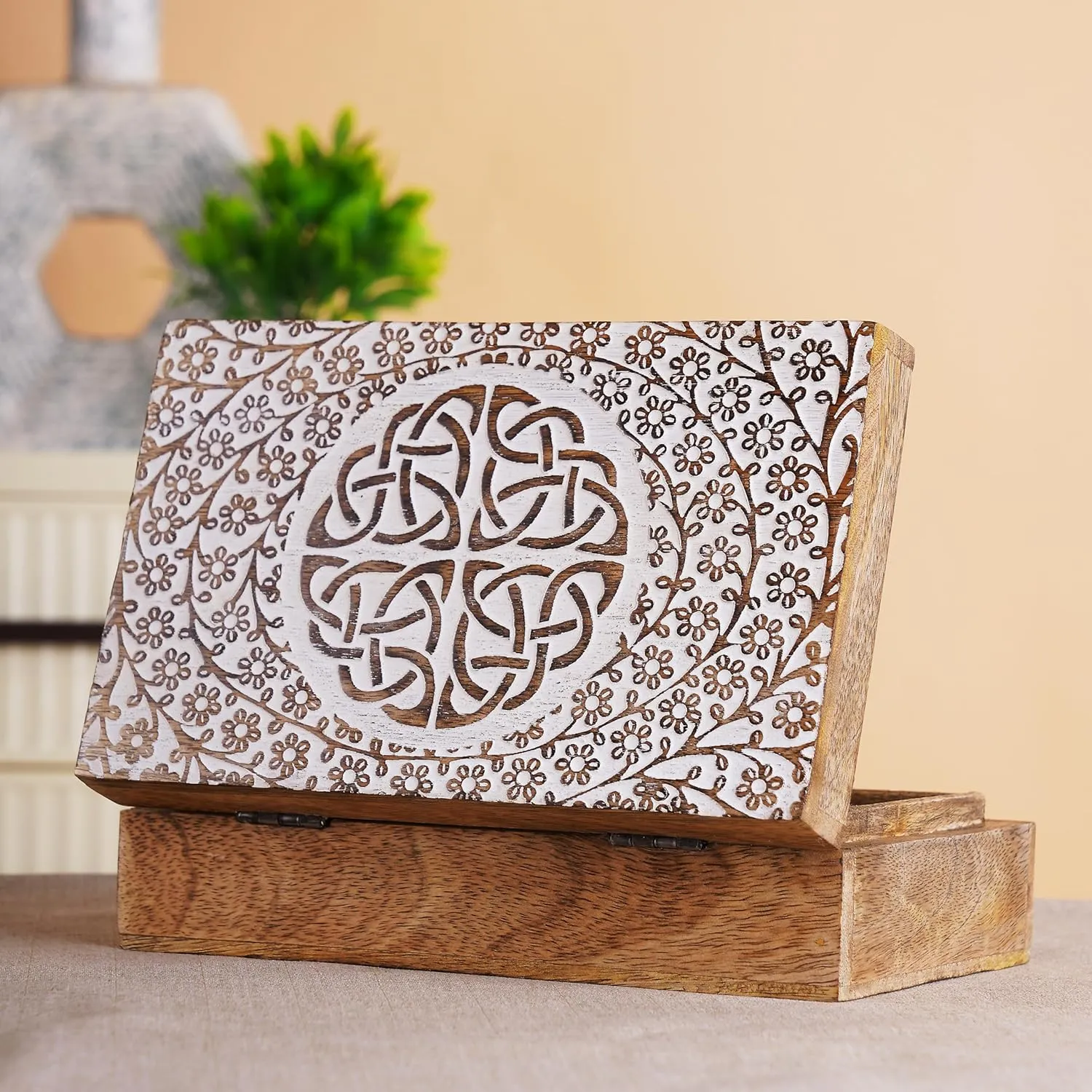 Keepsake Trinket Holder Watch Box Gifts 8x5 Inch Ajuny Wooden Handcrafted Decorative Jewelry Storage Box Trinity mind Knot Design White Multipurpose Treasure Chest Organizer Travel 