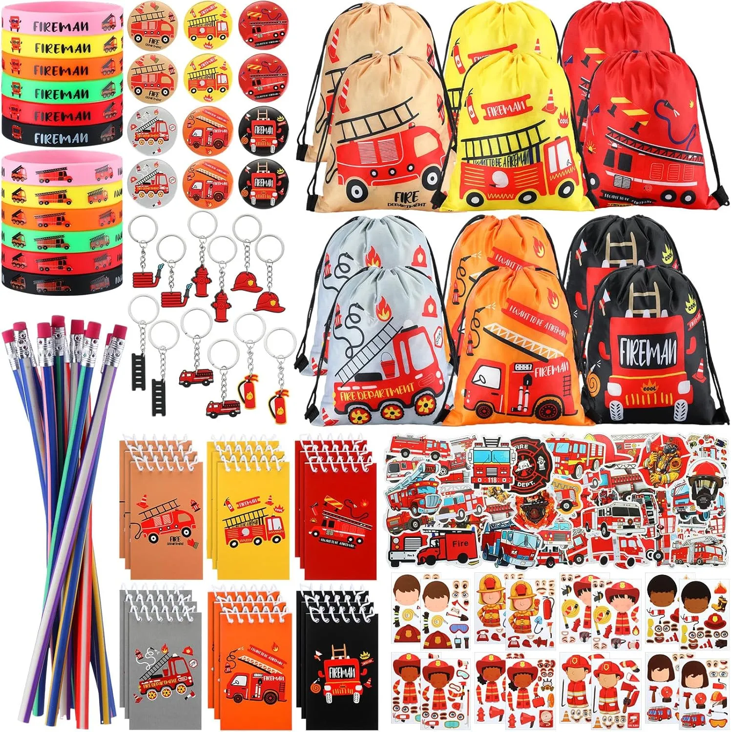 Keychain Button Pins Flexible Soft Pencil 144 Pcs sheer sedge strand theorize simply Firefighter Party Favors Fireman Themed Party Supplies Firemen Truck DIY Stickers Drawstring Bags Mini Notepads Silicone Wristbands Bracelets 