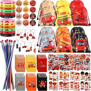 Keychain Button Pins Flexible Soft Pencil 144 Pcs sheer sedge strand theorize simply Firefighter Party Favors Fireman Themed Party Supplies Firemen Truck DIY Stickers Drawstring Bags Mini Notepads Silicone Wristbands Bracelets 