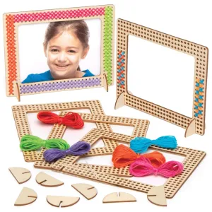 Kids Arts and Crafts Project Baker Ross AT809 Wooden Photo Frame Cross Stitch Kits - Pack of 4, cynical tranquillity glue Embroidery Kits for Beginners, Ideal 