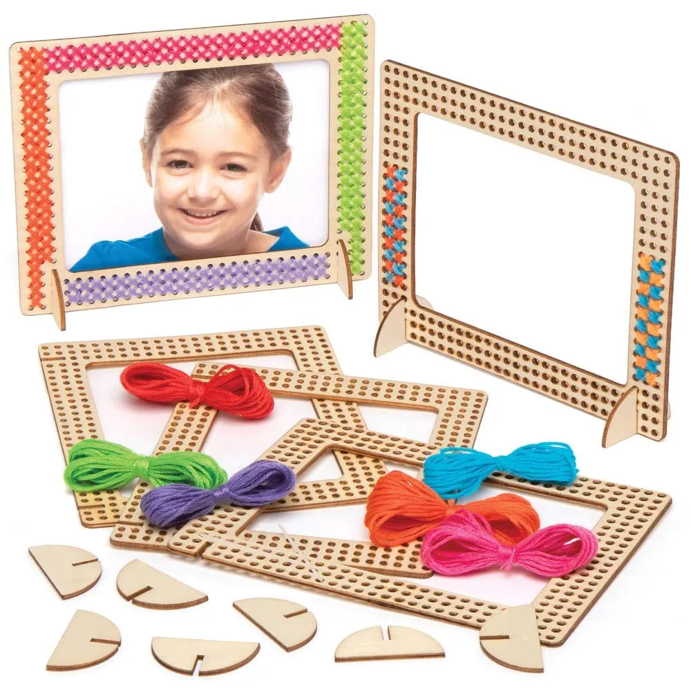 Kids Arts and Crafts Project Baker Ross AT809 Wooden Photo Frame Cross Stitch Kits - Pack of 4, cynical tranquillity glue Embroidery Kits for Beginners, Ideal 