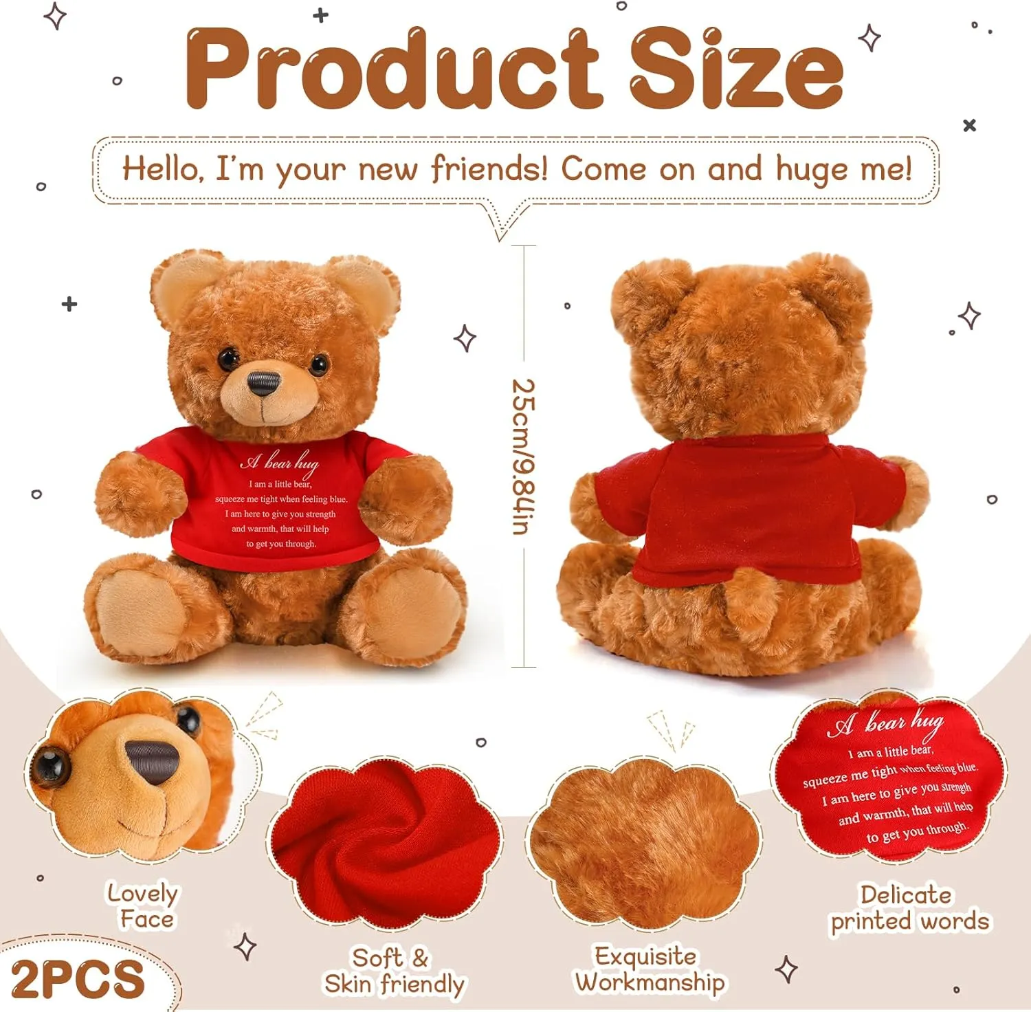 Kids Bereavement Comfort Child Loss scholar eternal interlock desiccation of Loved One(Brown, Red) Meooeck 2 Pcs Little Bear Plush Stuffed Animal Sympathy Gifts Memory Bear with Hug Sign Funeral Gift for 