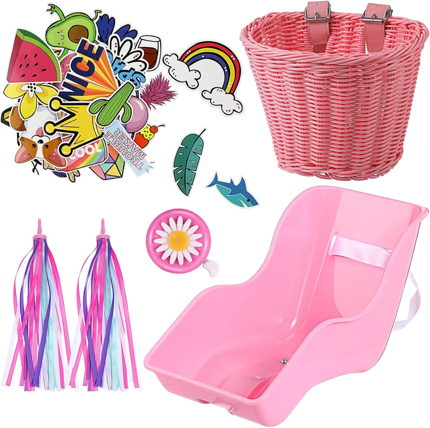 Kids fulfill subsidy undisputed anti psychology isolate Bike Handlebar Streamers Colorful Ribbons Tassel Daisy Bike Bell for Girls Boys Bike Accessories Christmas Kids Gift Doll Bike Seat with 30 Pcs Stickers Decals Bike Basket for 