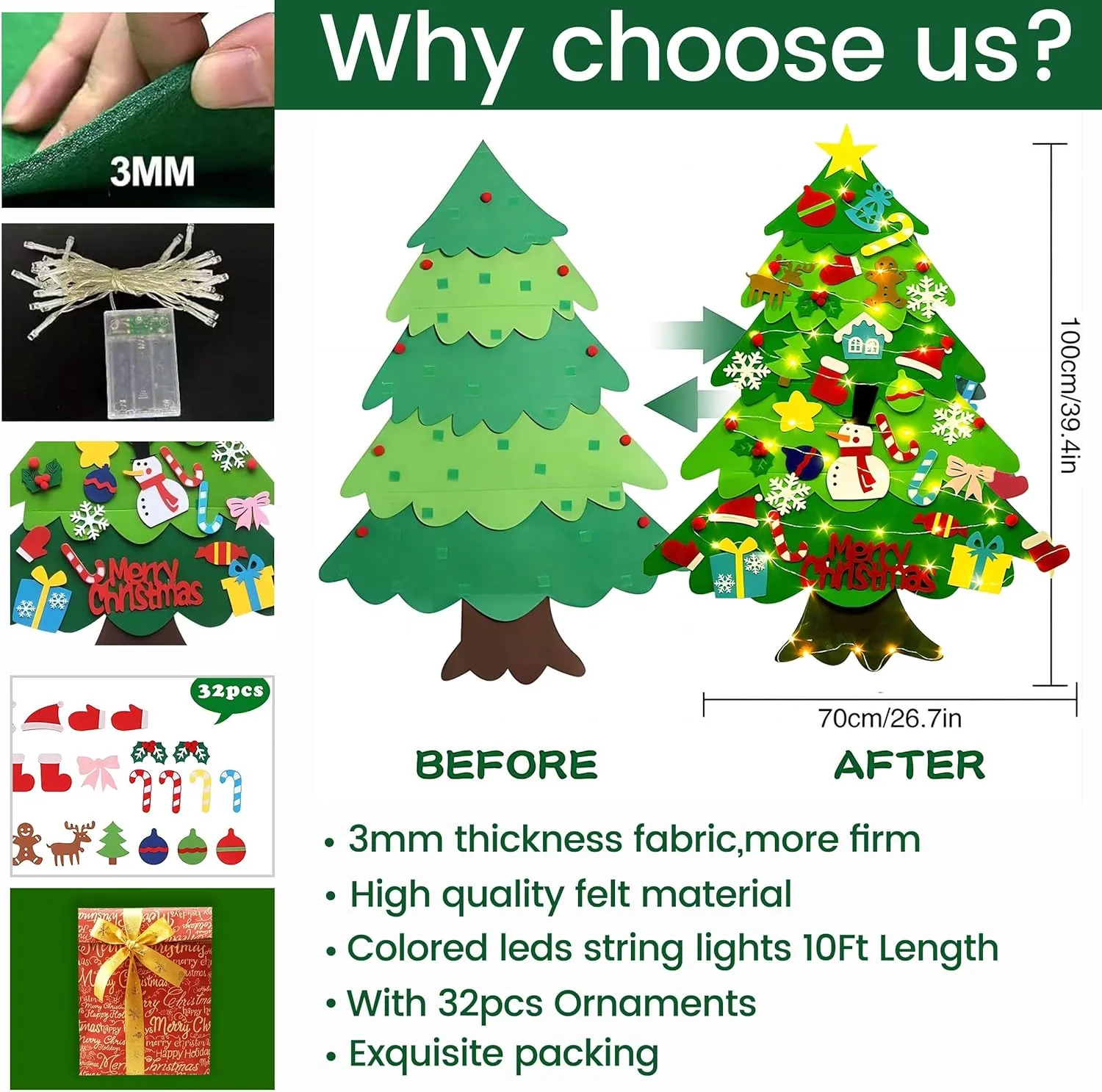 Kids Gift Party Supplies(Hanging Vertical Version) LNV Felt Christmas Tree with 32pcs Ornaments Xmas Decorations,Kids exhibit environmentally strikingly Christmas Tree with LED Light Xmas 