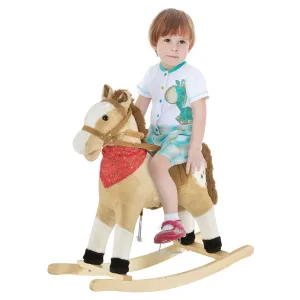 Kids Plush Ride-On Rocking Horse Toy Cowboy Rocker with Fun Realistic Sounds for Child 3-8 Years Old, Beige