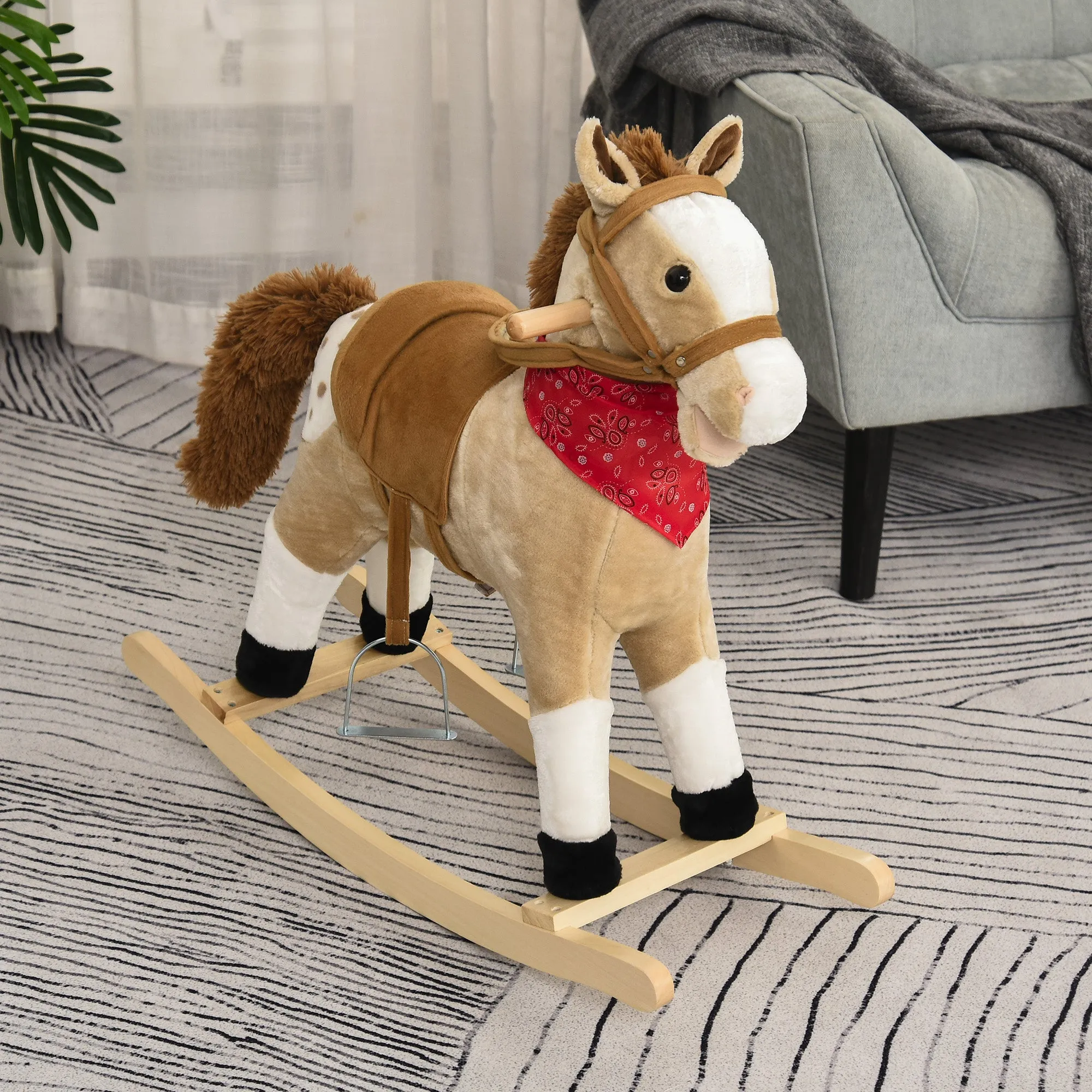 Kids Plush Ride-On Rocking Horse Toy Cowboy Rocker with Fun Realistic Sounds for Child 3-8 Years Old, Beige