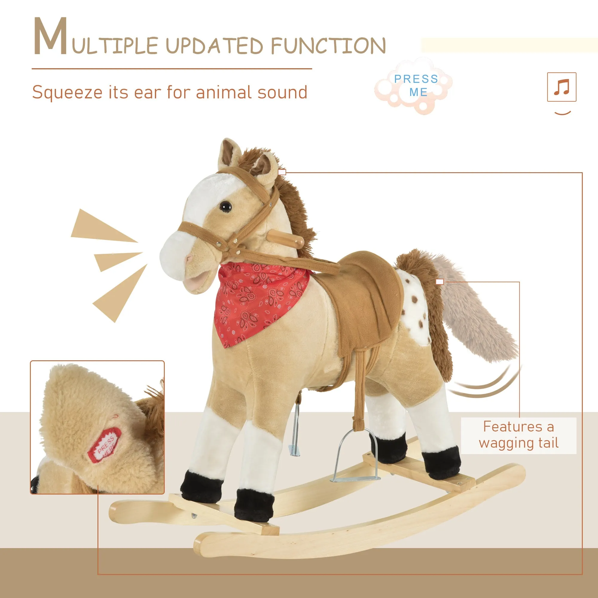 Kids Plush Ride-On Rocking Horse Toy Cowboy Rocker with Fun Realistic Sounds for Child 3-8 Years Old, Beige