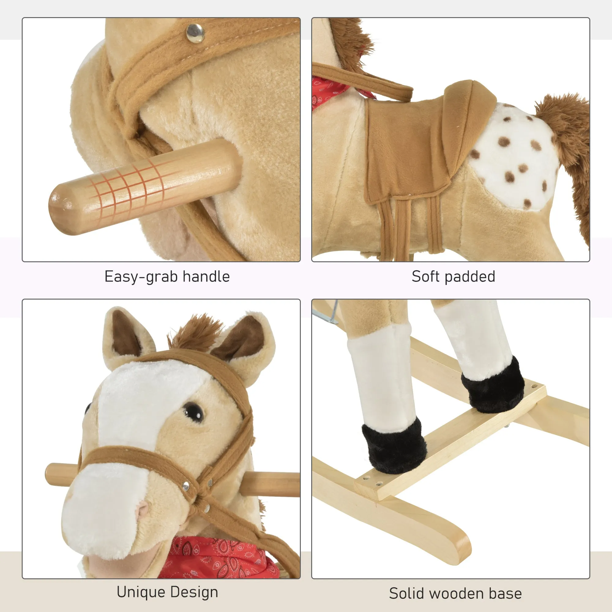 Kids Plush Ride-On Rocking Horse Toy Cowboy Rocker with Fun Realistic Sounds for Child 3-8 Years Old, Beige