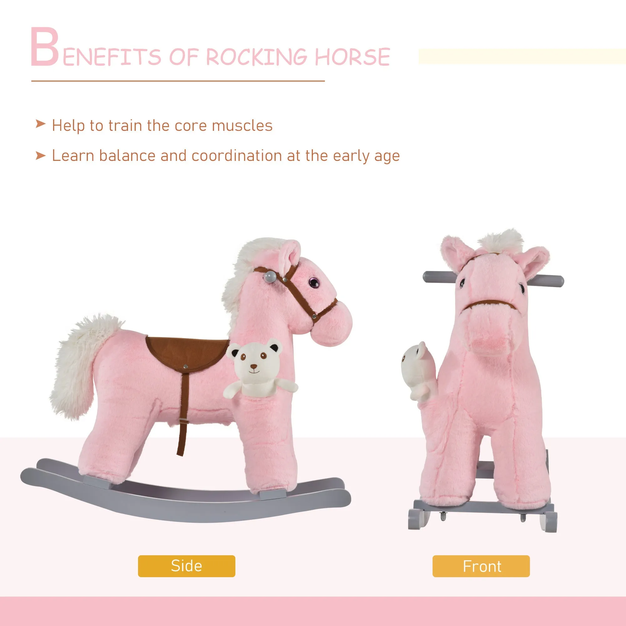 Kids Plush Ride-On Rocking Horse with Bear Toy, Children Chair with Soft Plush Toy & Fun Realistic Sounds, Pink