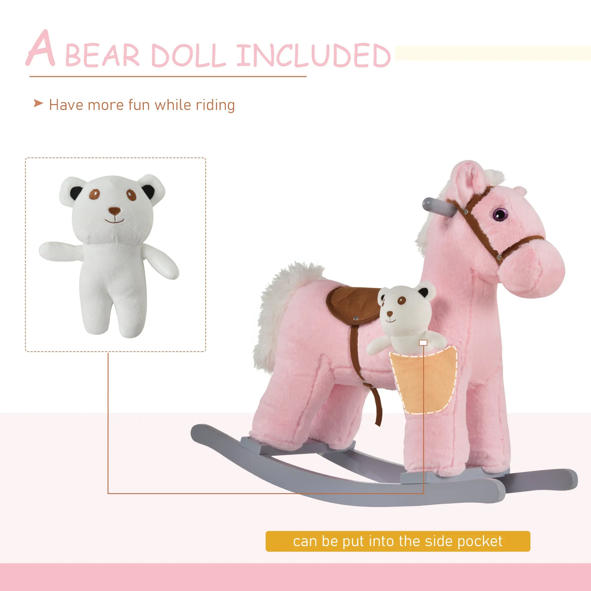 Kids Plush Ride-On Rocking Horse with Bear Toy, Children Chair with Soft Plush Toy & Fun Realistic Sounds, Pink
