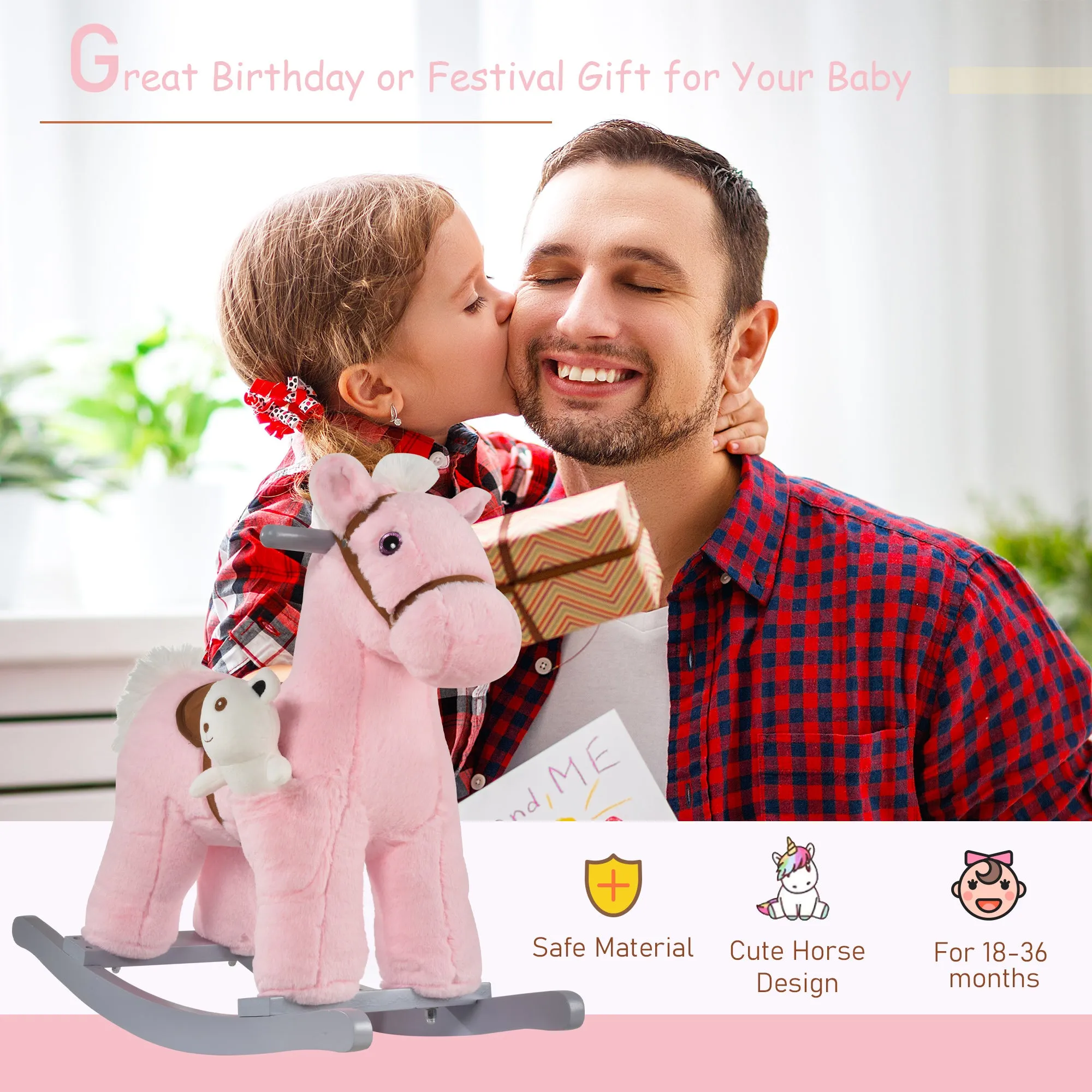 Kids Plush Ride-On Rocking Horse with Bear Toy, Children Chair with Soft Plush Toy & Fun Realistic Sounds, Pink