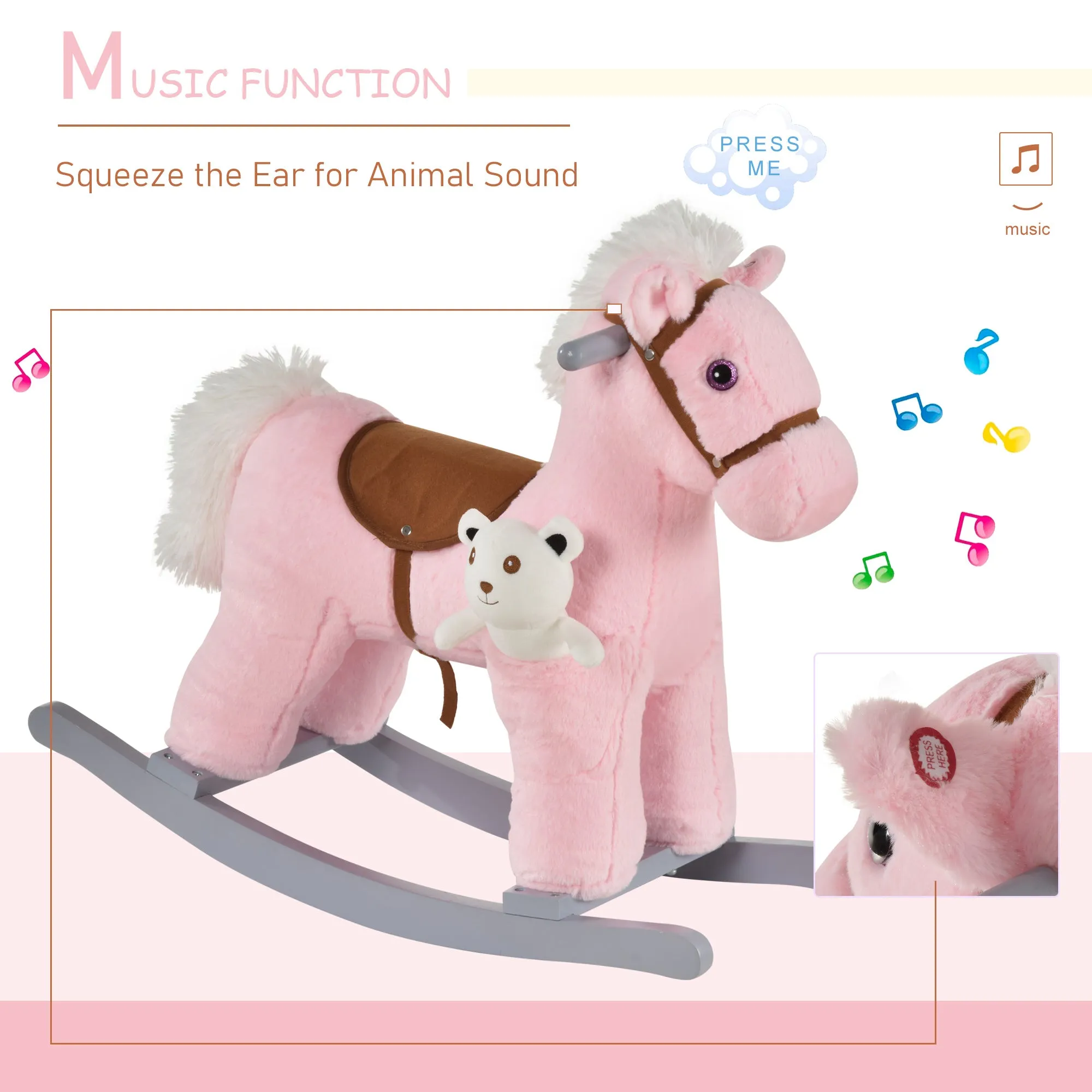 Kids Plush Ride-On Rocking Horse with Bear Toy, Children Chair with Soft Plush Toy & Fun Realistic Sounds, Pink