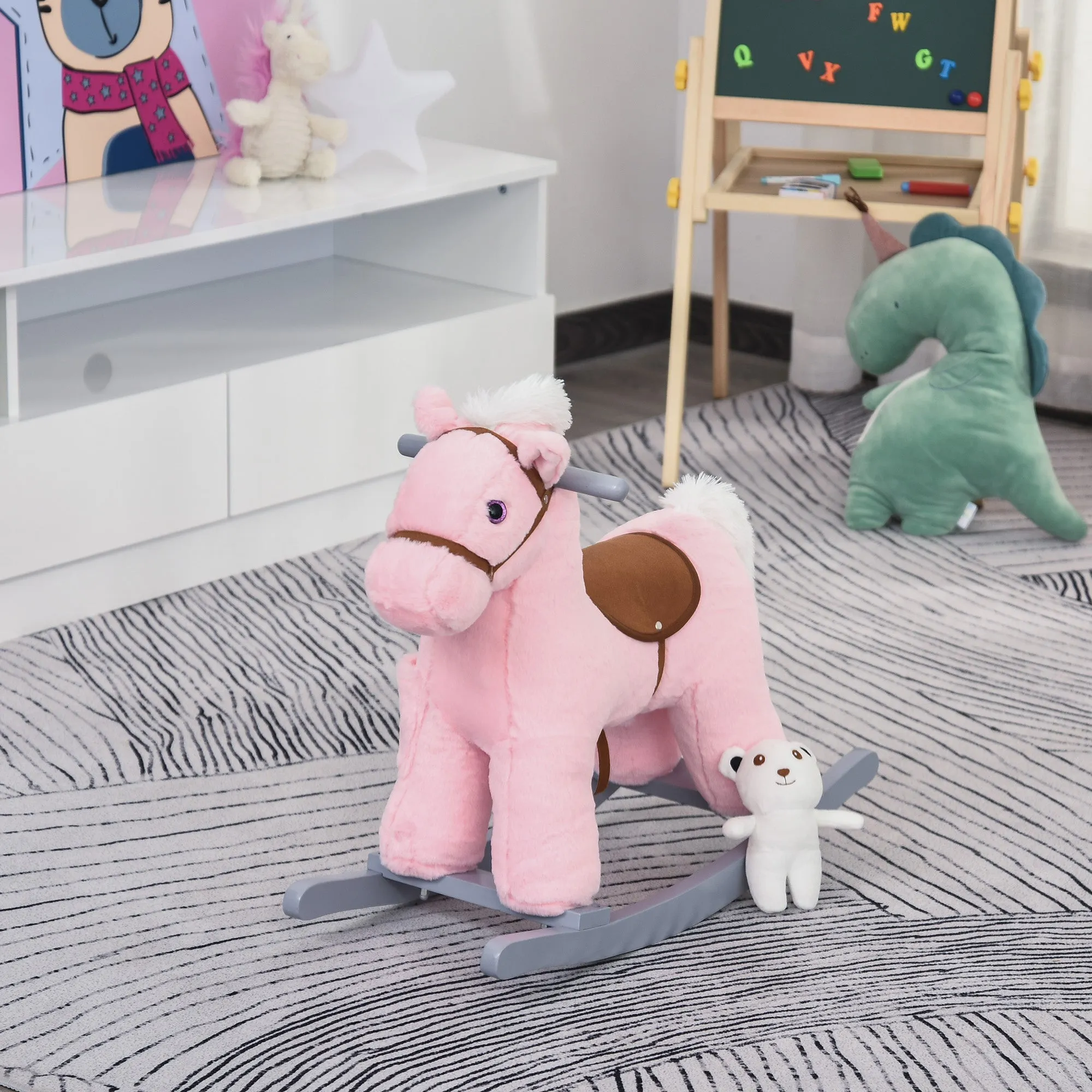Kids Plush Ride-On Rocking Horse with Bear Toy, Children Chair with Soft Plush Toy & Fun Realistic Sounds, Pink