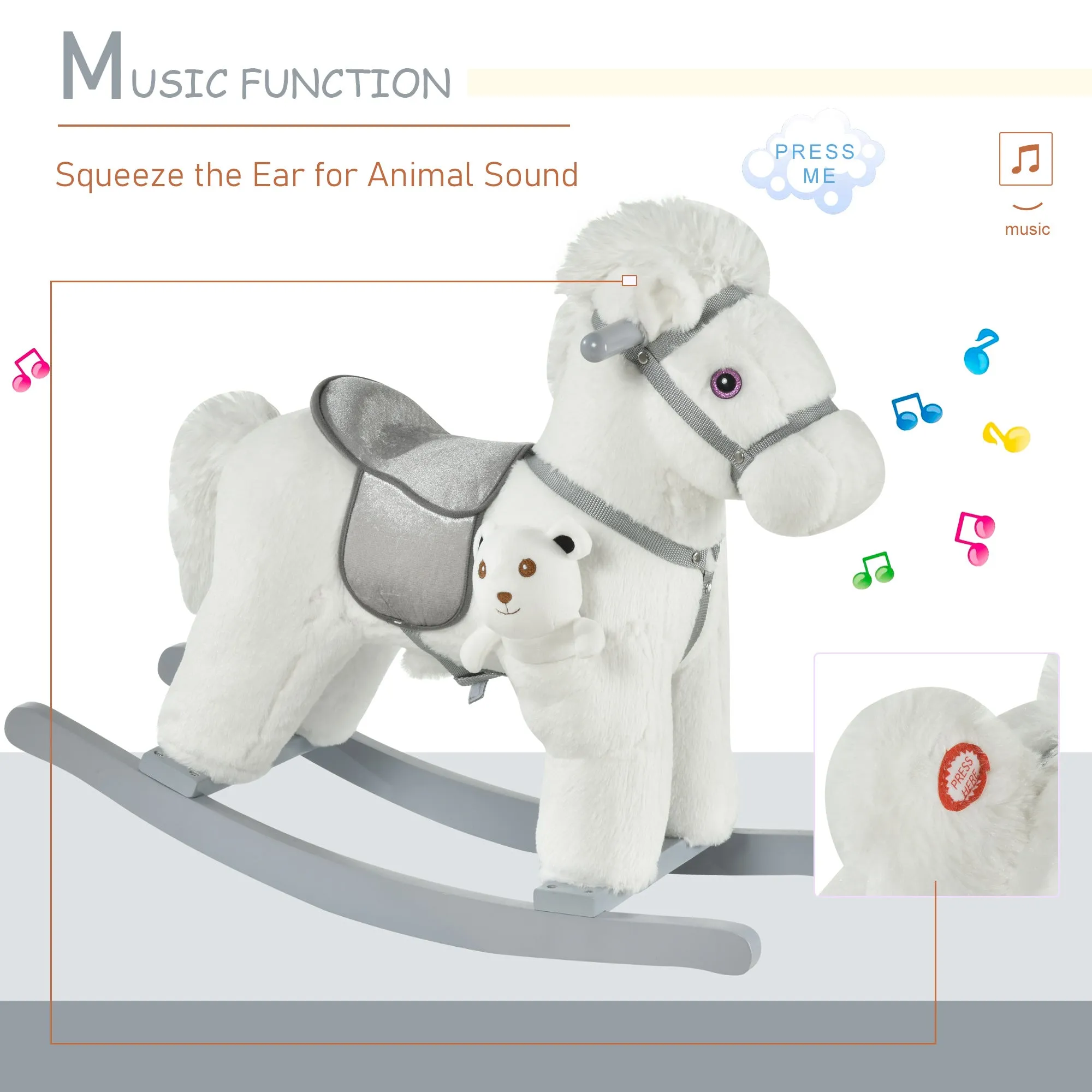 Kids White Plush Rocking Horse - Soft Bear Ride-On Toy with Fun Sounds, Comfortable Children's Chair