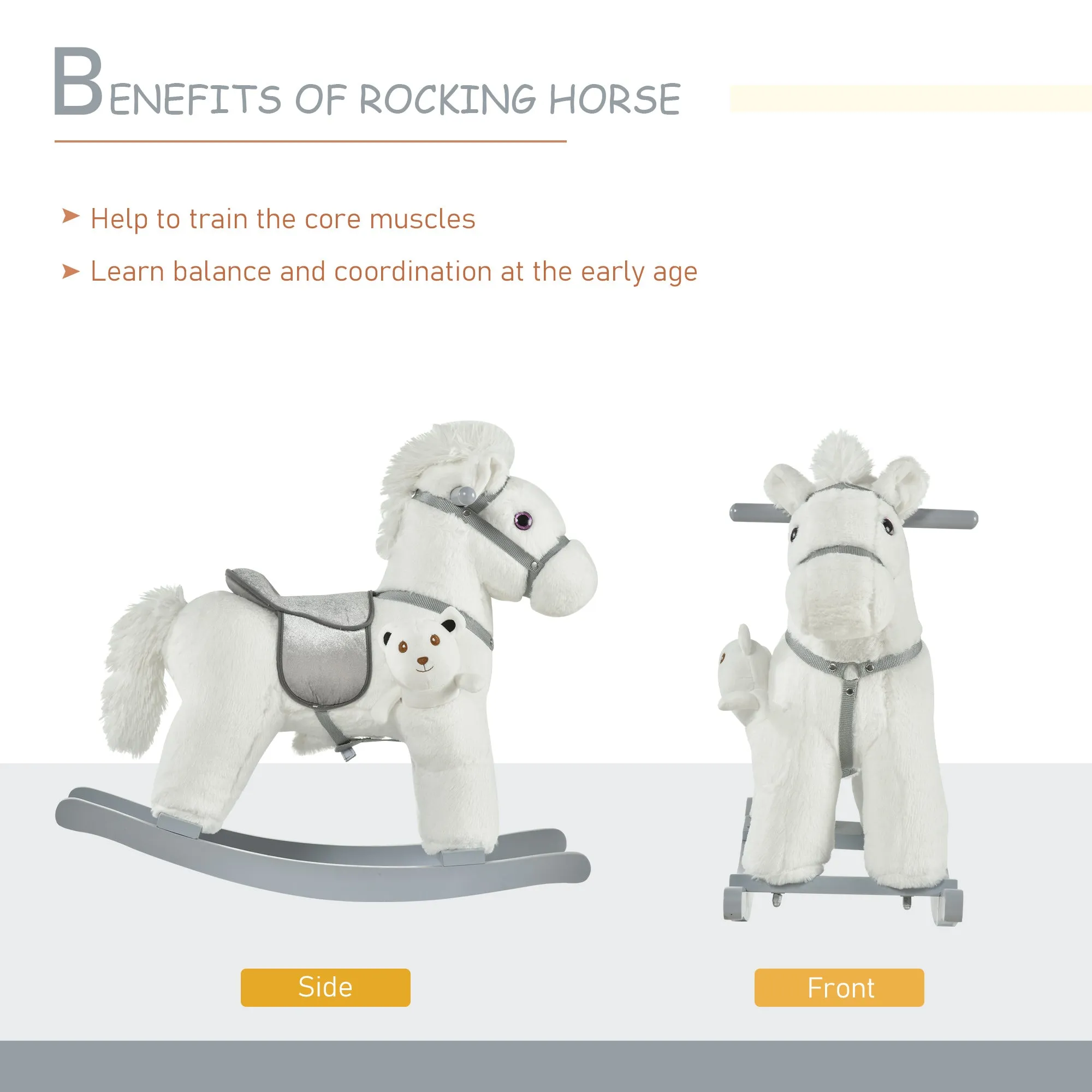 Kids White Plush Rocking Horse - Soft Bear Ride-On Toy with Fun Sounds, Comfortable Children's Chair