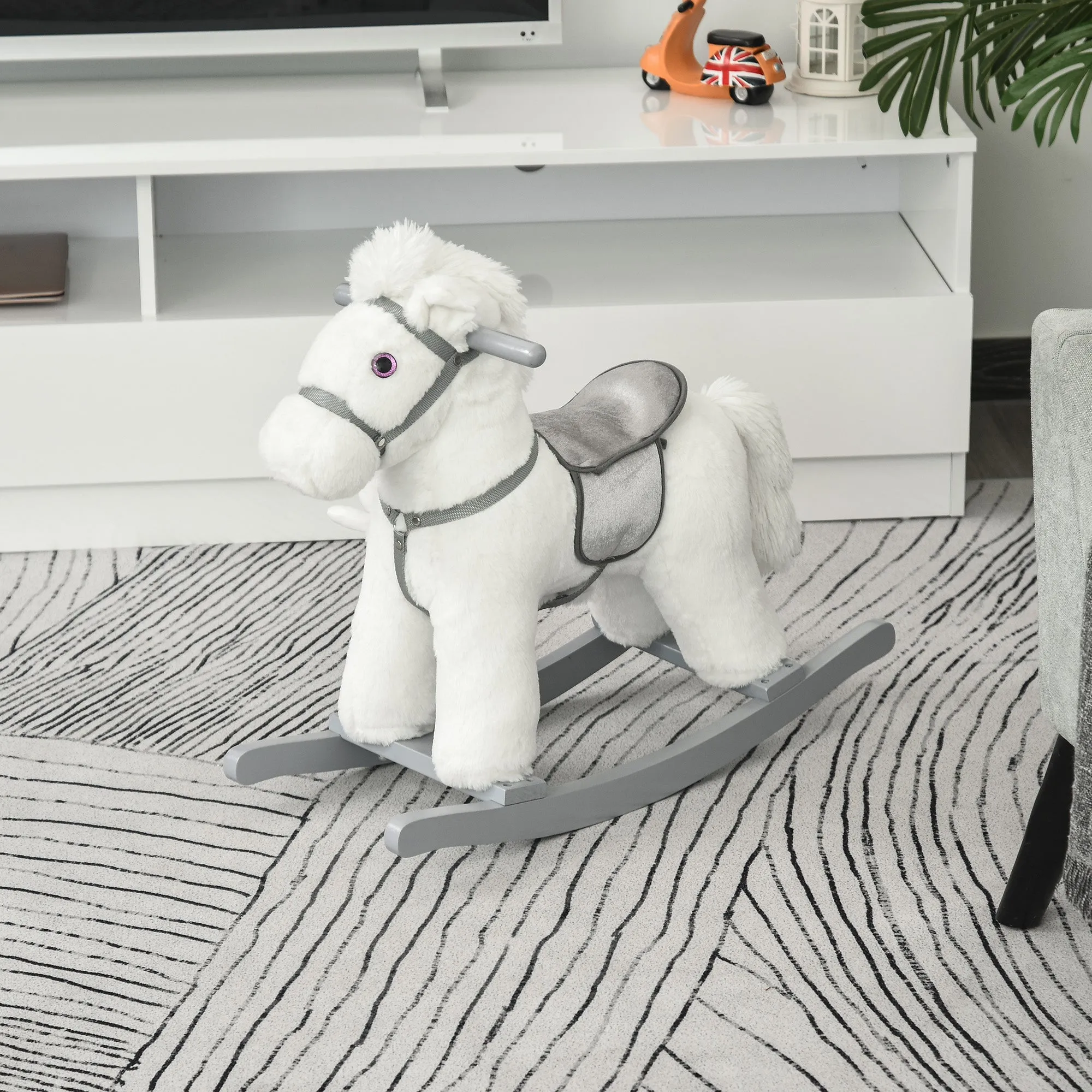 Kids White Plush Rocking Horse - Soft Bear Ride-On Toy with Fun Sounds, Comfortable Children's Chair