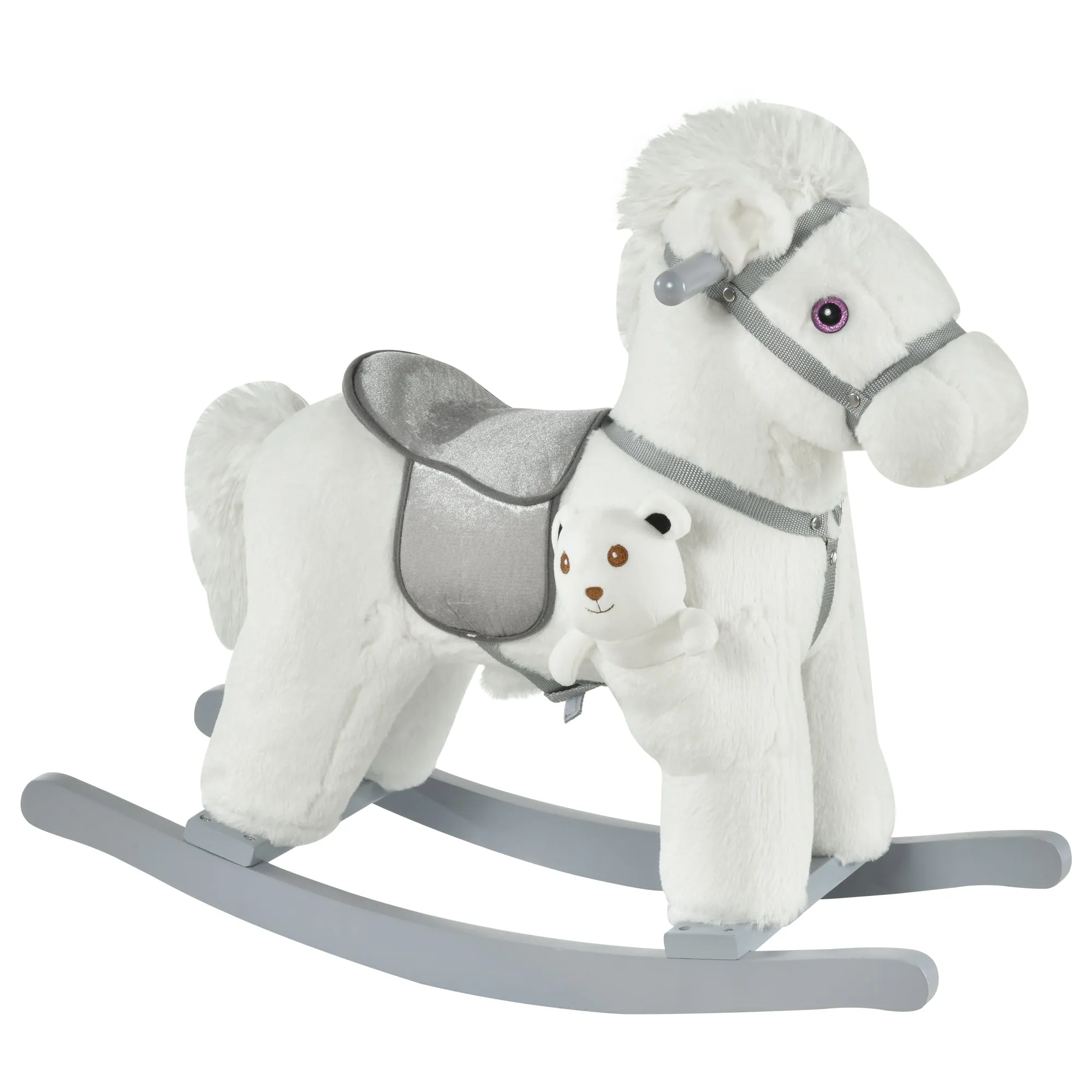 Kids White Plush Rocking Horse - Soft Bear Ride-On Toy with Fun Sounds, Comfortable Children's Chair