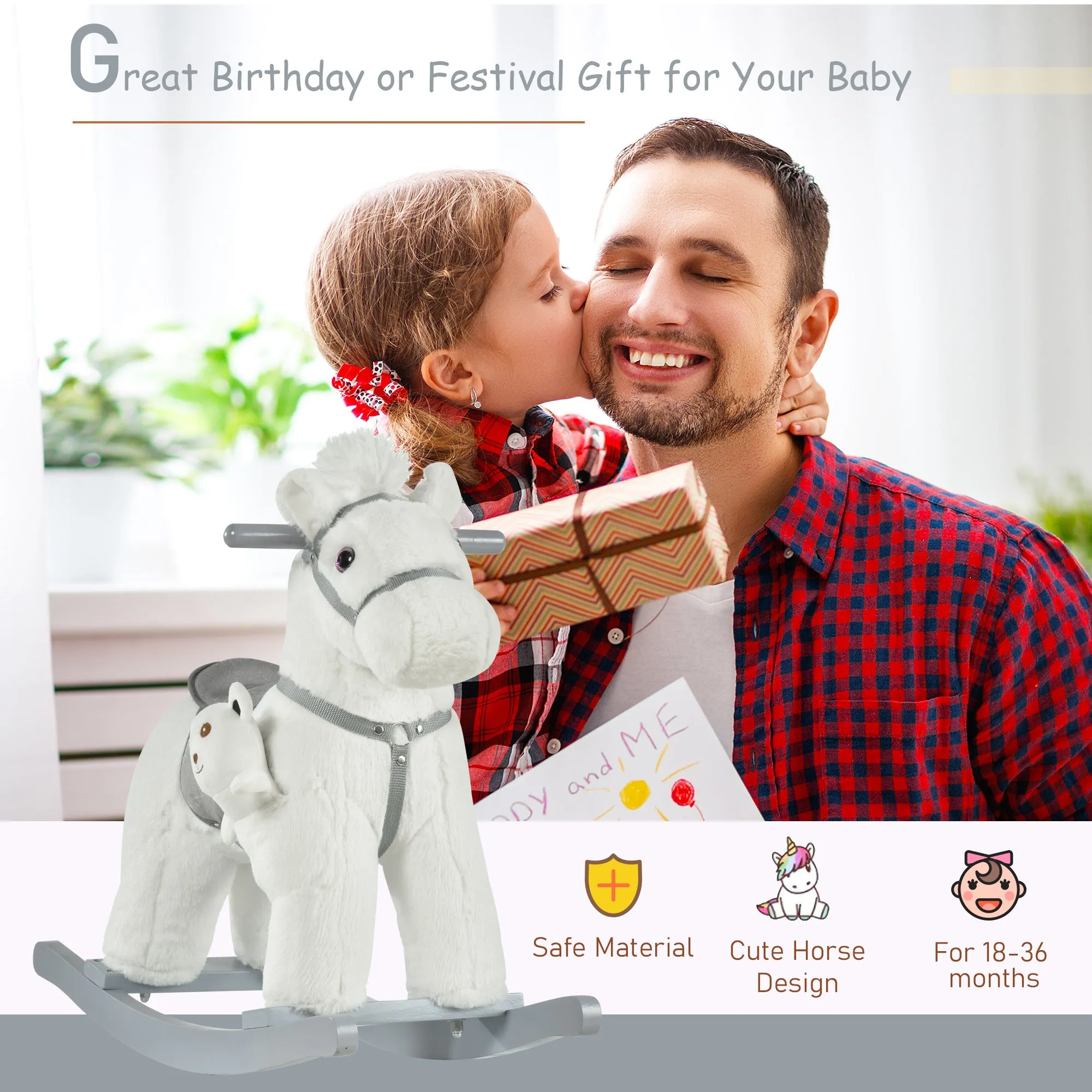 Kids White Plush Rocking Horse - Soft Bear Ride-On Toy with Fun Sounds, Comfortable Children's Chair