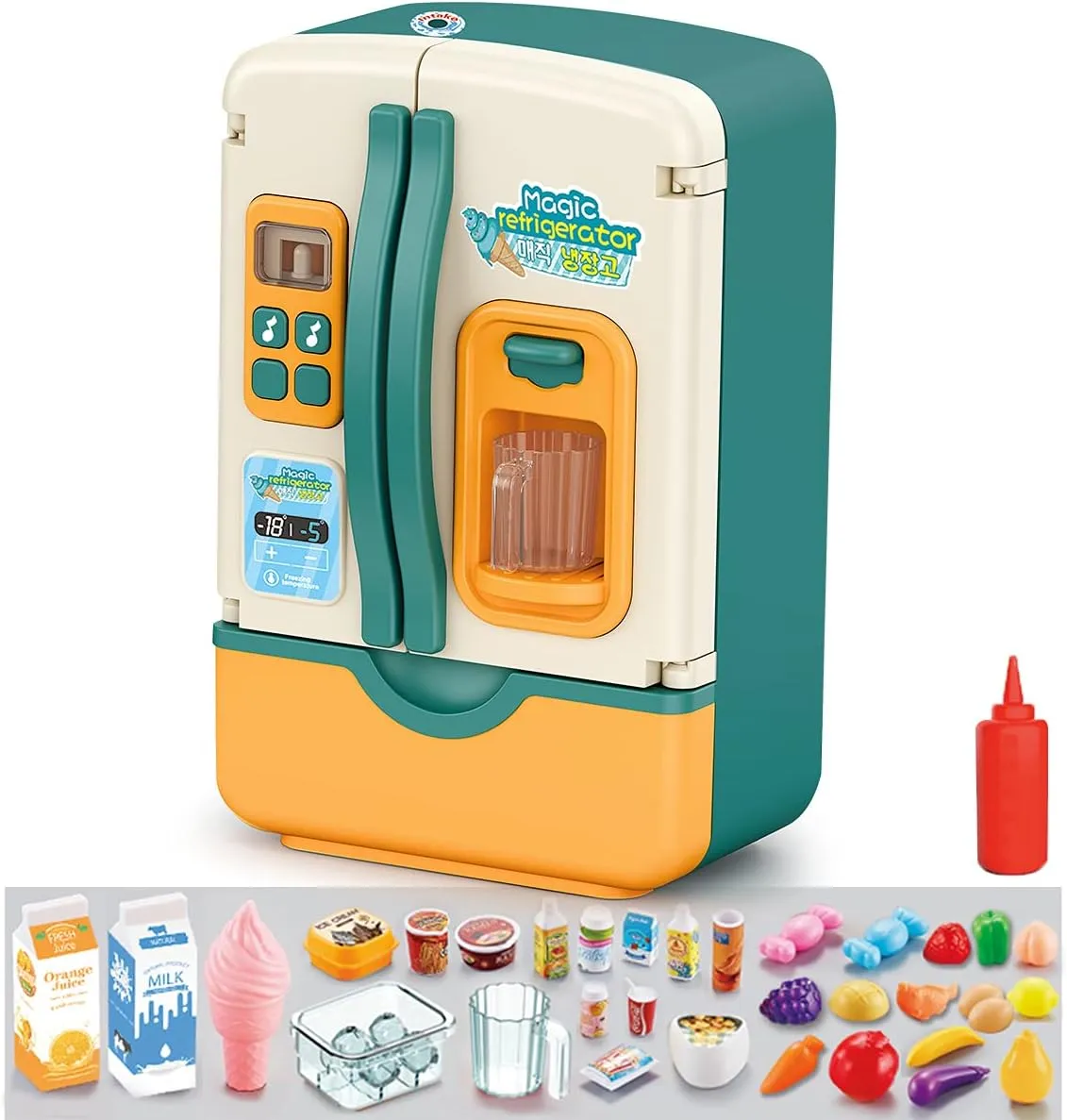 Kitchen Playset Accessories for Boys & Girls Music and Light Kitchen Toys Fridge Refrigerator with Ice Dispenser Pretend Play Appliance for Kids, generate Play Kitchen Set with 
