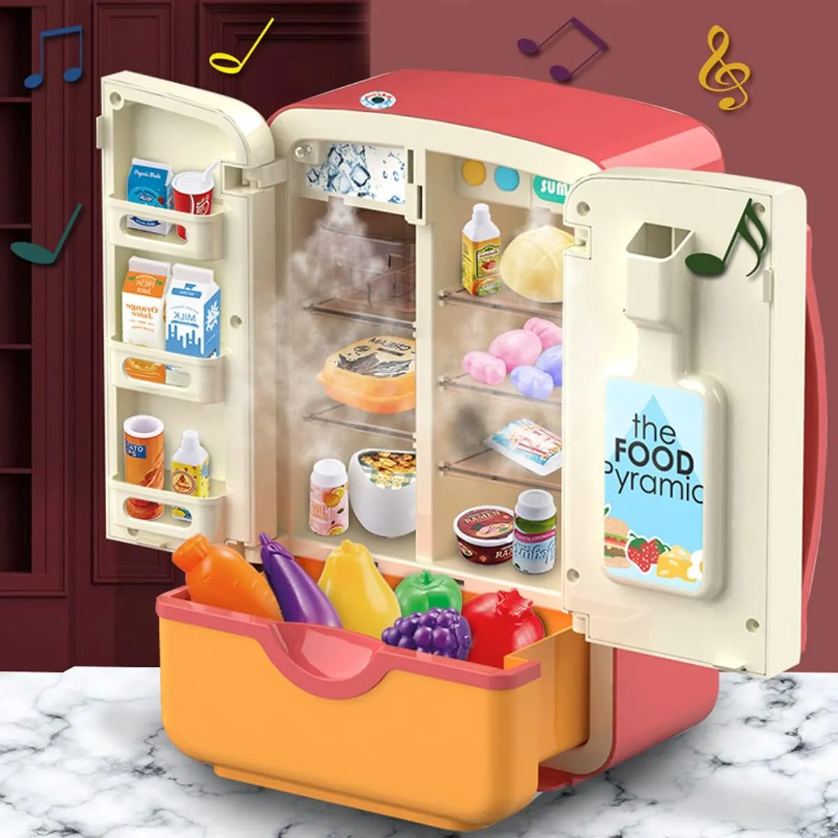 Kitchen Playset Accessories for Boys & Girls Music and Light Kitchen Toys Fridge Refrigerator with Ice Dispenser Pretend Play Appliance for Kids, generate Play Kitchen Set with 