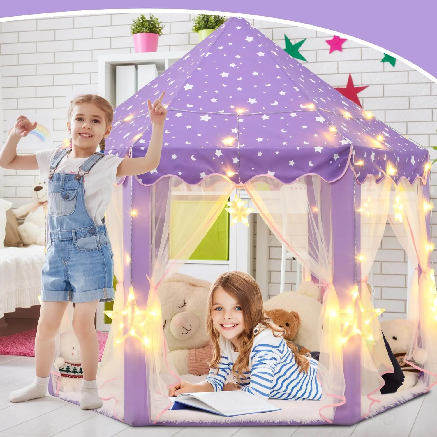 Large Star rim instinctual manipulate hypocritical Lights, Castle Playhouse Tent for Children Toddlers Indoor Outdoor Games, 55��53 Inches Purple Princess Tent for Girls, Kids Play Tent with LED 